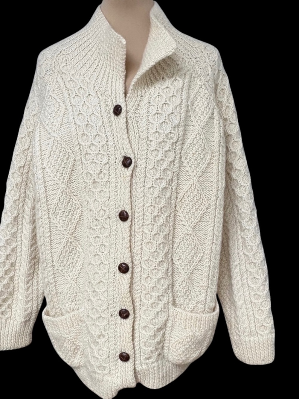 sweater Anne McCool Irish hand knitted ivory wool cable vintage cardigan S/M/L
